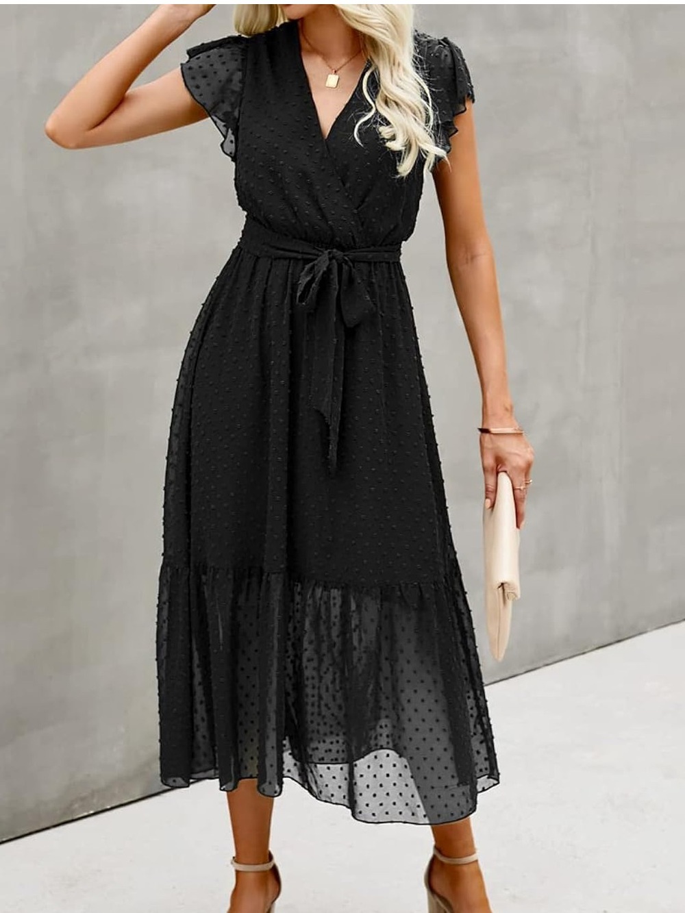 Black Swiss Dot Wrap Midi Dress with Tie Waist